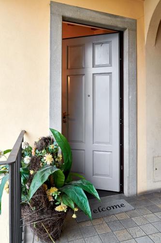 a door to a building with a plant next to it at P&P Piazza Bergamo Apartment in Bergamo