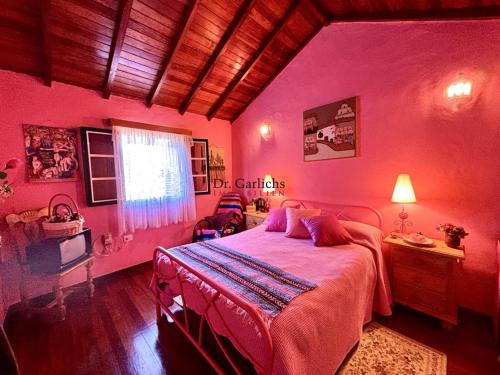 a pink bedroom with a bed and a window at Tropical Paradice Villa in Icod de los Vinos