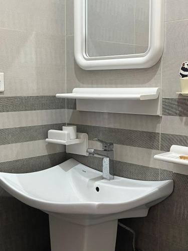 a bathroom with a white sink and a mirror at Urban Villa in Islamabad