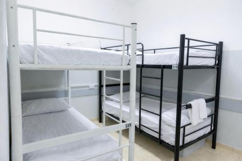 twee stapelbedden in een kamer met een bed bij New Gate Hostel in Jeruzalem