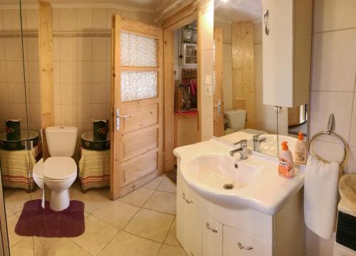 a bathroom with a white sink and a toilet at Natura Vendégház in Pázmánd
