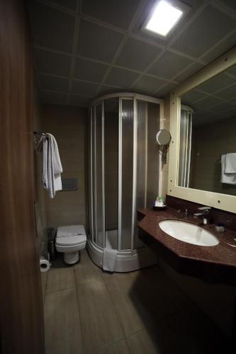 a bathroom with a shower and a toilet and a sink at Hotel Villa Marina in Bandırma