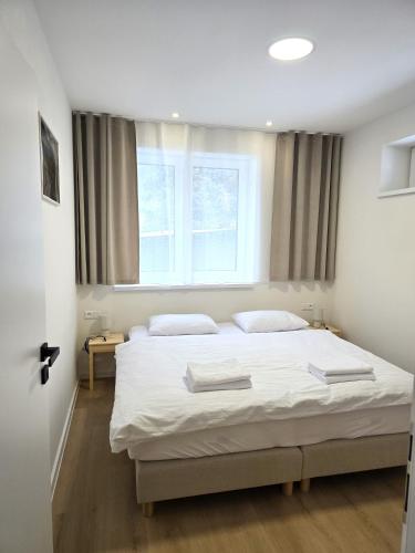 a bedroom with two beds and a window at Apartmány ALMA Šumiac in Šumiac