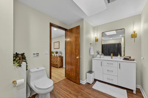 a bathroom with a toilet and a sink and a mirror at The Edamame House in Nazareth