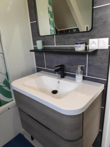 a bathroom with a white sink and a mirror at Kastell-Mor 2 chambre d'hôtes à Santec in Santec