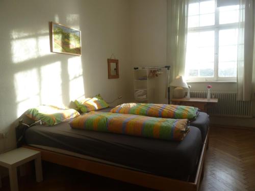 a bedroom with a bed with colorful pillows on it at Altes Schulhaus in Argenbühl