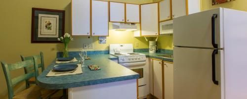 a kitchen with a white refrigerator and a counter top at Chipman Hill Suites -Yeats House in Saint John