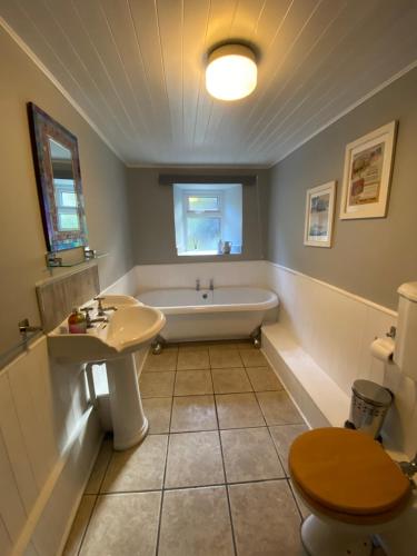 a bathroom with a tub and a sink and a toilet at Carmel Cottage - Forest of Dean in Lydbrook