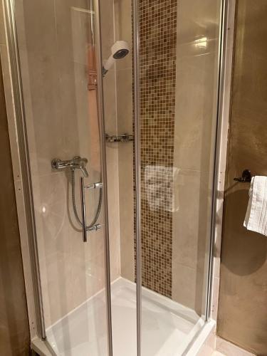 a shower with a glass door in a bathroom at Gästeresidenz - Hotel - Ruthellen's Home in Planegg