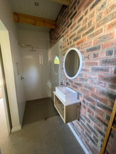 a brick walled bathroom with a sink and a mirror at SeaGarden Cottage in Cape St Francis