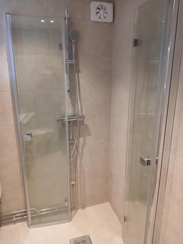a shower with a glass door in a bathroom at Seaview Cottage Solvik - Kungshamn in Kungshamn
