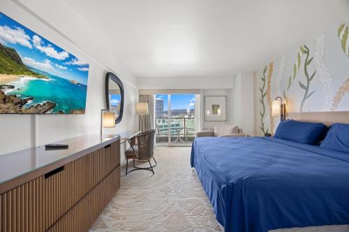 a hotel room with a bed and a large window at Luxury Ala Moana Resort 25th floor with balcony in Honolulu