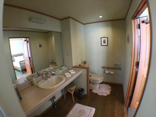 un bagno con lavandino, WC e specchio di Petit Hotel Corinthian a Rebun