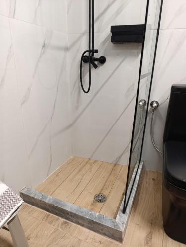 a shower with a glass door and a wooden floor at Πλάτανος Στούντιο ΙΙΙ PLATANOS STUDIO III in Mytilene