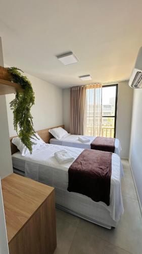 two beds in a hotel room with a window at Brisa Rooftop Vistamar -Apartamento à beira mar com jacuzzi in Luis Correia