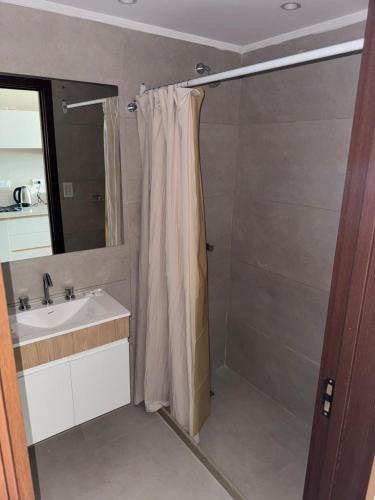 a bathroom with a shower curtain and a sink at MONOAMBIENTE EDIFICIO OCEANO NECOCHEA frente al mar, in Necochea