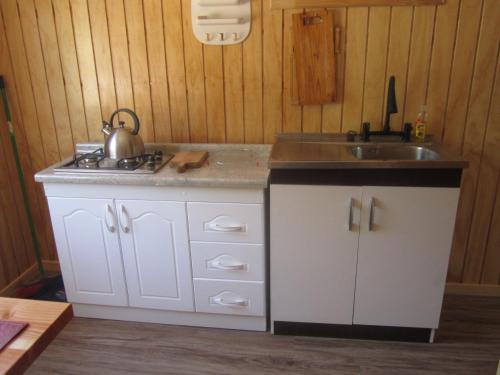 a kitchen with a sink and a counter top at Cabaña Pehuen in San José de Maipo