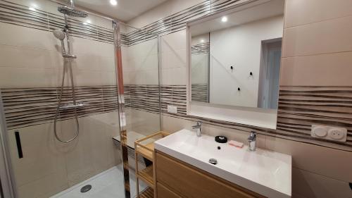 a bathroom with a sink and a shower and a mirror at La Valiette in La Seyne-sur-Mer