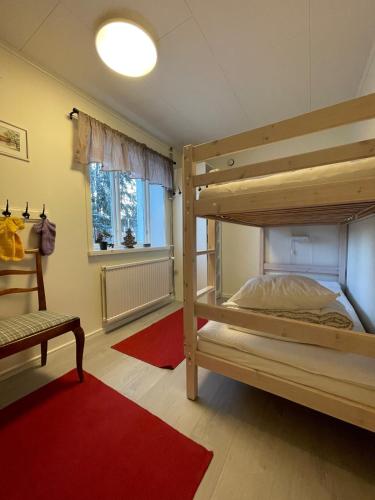 a bedroom with a bunk bed and a red rug at Villa nära Järvsö in Järvsö