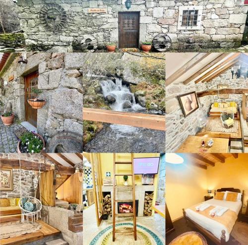 a collage of pictures of a stone house at Moinho de Brião in Montalegre