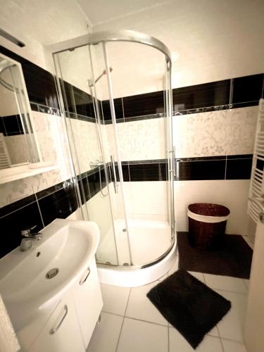 a bathroom with a shower and a sink at Paris Garden Rooms in Debrecen