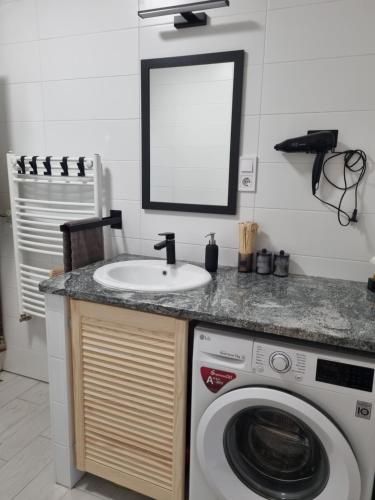 a bathroom with a sink and a washing machine at Leander Apartman in Gyömrő