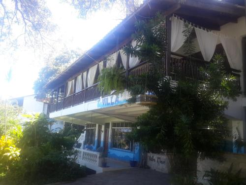 a building with blue trim and a tree in front of it at Villa Mar Sosua in Sosúa