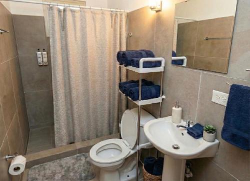 a bathroom with a toilet and a sink and a shower at Casa del Sol Bed and Breakfast in Contadora