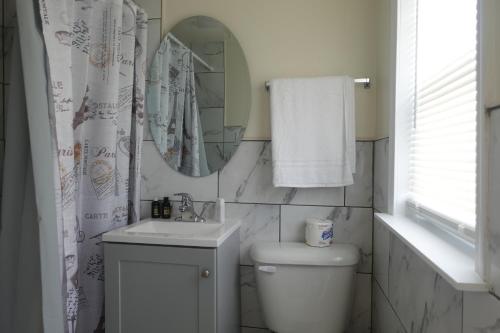 a bathroom with a toilet and a sink and a mirror at Freedom INN Motel in Grantville