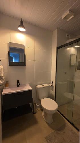 a bathroom with a toilet and a sink and a shower at Praia e Cambirela in Palhoça
