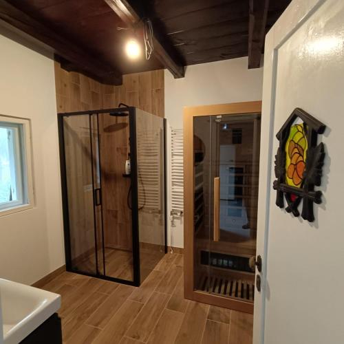 a bathroom with a shower and a glass door at Całoroczny dom nad Jeziorem Rożnowskim in Gródek Nad Dunajcem