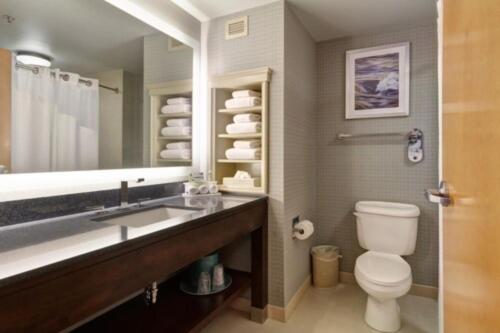 a bathroom with a sink and a toilet and a mirror at Holiday Inn Express Hotel & Suites Warwick-Providence Airport by IHG in Warwick
