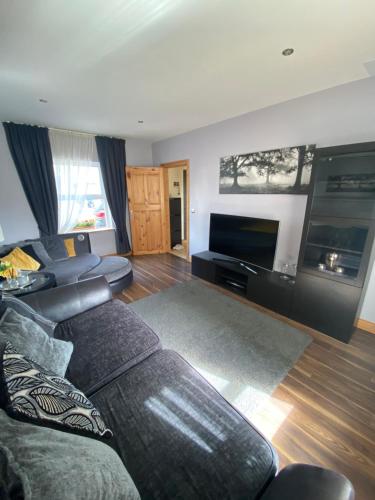 a living room with a couch and a television at Rockside Villa Cashel Sleeps 6, Jacuzzi Bath, Walk to Rock of Cashel in Cashel