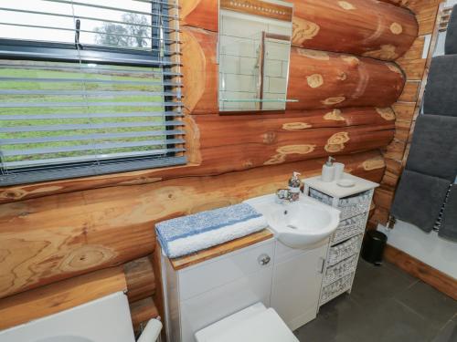 a bathroom with a sink and a toilet in a log cabin at Cedar Cabin at Salford Court Farm Fishing Cabins in Worcester