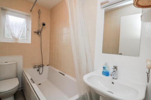 a bathroom with a sink and a toilet and a tub at 1 Hazeldene in Salcombe