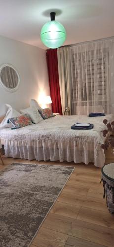 a bedroom with a large bed and a green light at Šiauliai Central Vytauto Apartment in Šiauliai