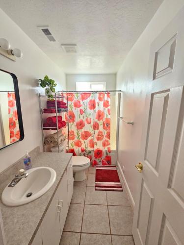 a bathroom with a shower with a toilet and a sink at Mountain View near Zion in Hurricane