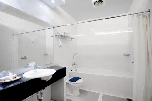 a bathroom with a sink and a toilet and a shower at Cakra Kembang Hotel in Yogyakarta