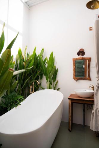 a bathroom with a white bath tub and a plant at MAISON à SADEC in Ấp Tân An (2)