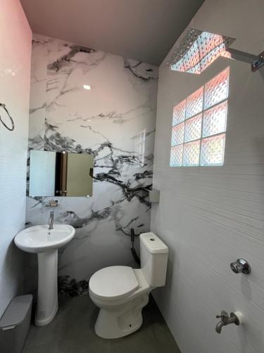 a bathroom with a white toilet and a sink at Elejea's Inn in Sinai