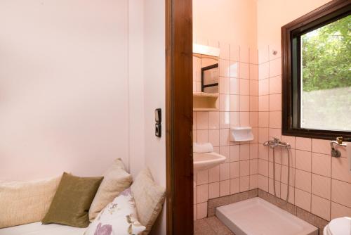 ein Bad mit einer Dusche, einem WC und einem Waschbecken in der Unterkunft Anastasia Apartments in Skala Potamias