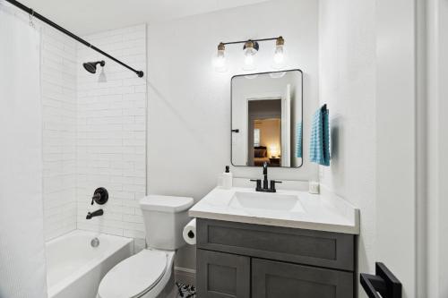 a bathroom with a sink and a toilet and a mirror at Quiet Private 1BR Apartment 10 mins to Med Center in Houston