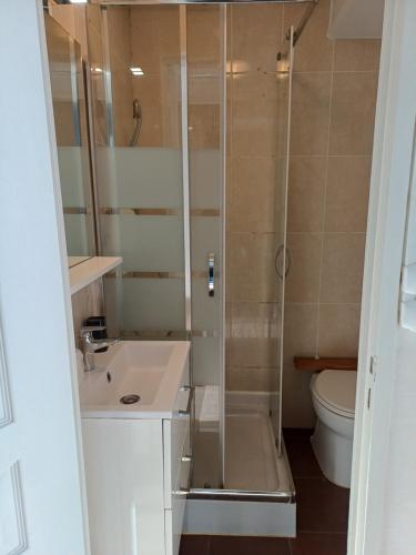 a bathroom with a shower and a sink and a toilet at Hôtel de la Mer in Valras-Plage