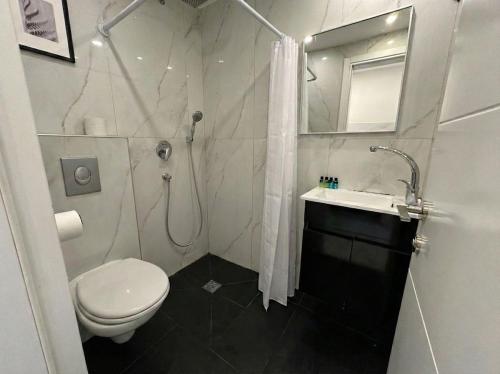 a bathroom with a shower and a toilet and a sink at Rothschild 79 in Petaẖ Tiqwa