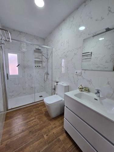 a bathroom with a toilet and a sink and a shower at La Artesana Níjar in Níjar