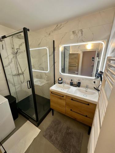 a bathroom with a shower and a sink and a mirror at T3 Rénové vue mer in Saint-Jean-de-Monts