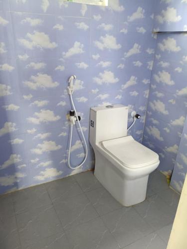 a bathroom with a toilet with clouds painted on the wall at Devagram Guest house in Dergaon