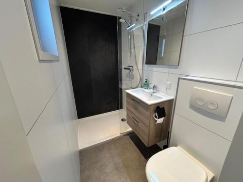 a white bathroom with a sink and a toilet at Tiny House 'Het Chalet' in Berlicum