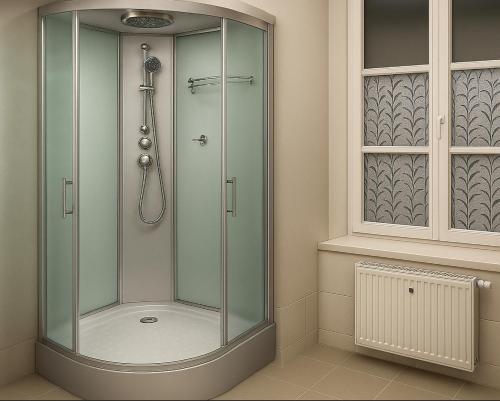 a shower with a glass enclosure in a bathroom at Pension na hranici in Železná Ruda
