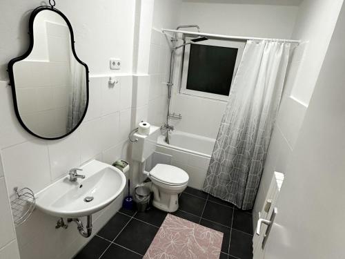 a bathroom with a sink and a toilet and a mirror at Apartment in Bergkamen in Bergkamen
